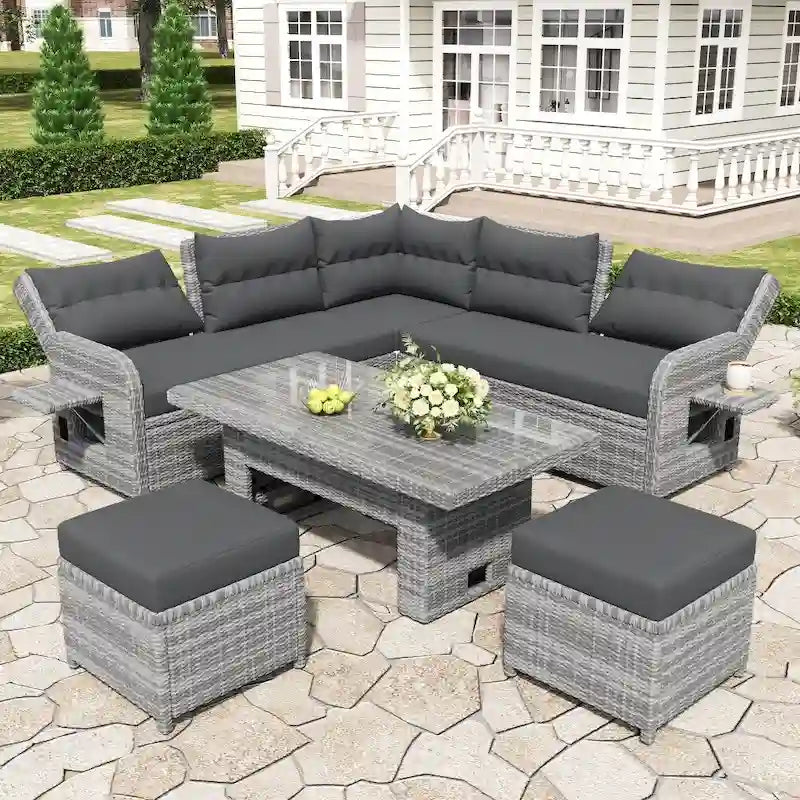 Set da esterni in rattan con tavolo regolabile, poltrone reclinabili e 2 pouf