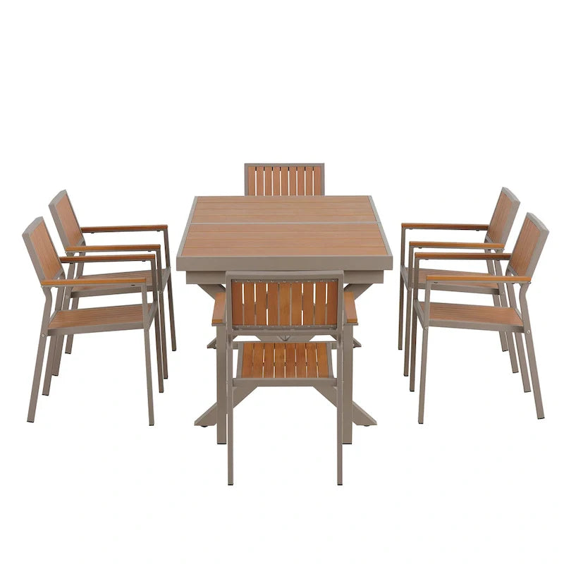 Set da pranzo da esterno allungabile a 7 pezzi con tavolo allungabile e 6 sedie con braccioli