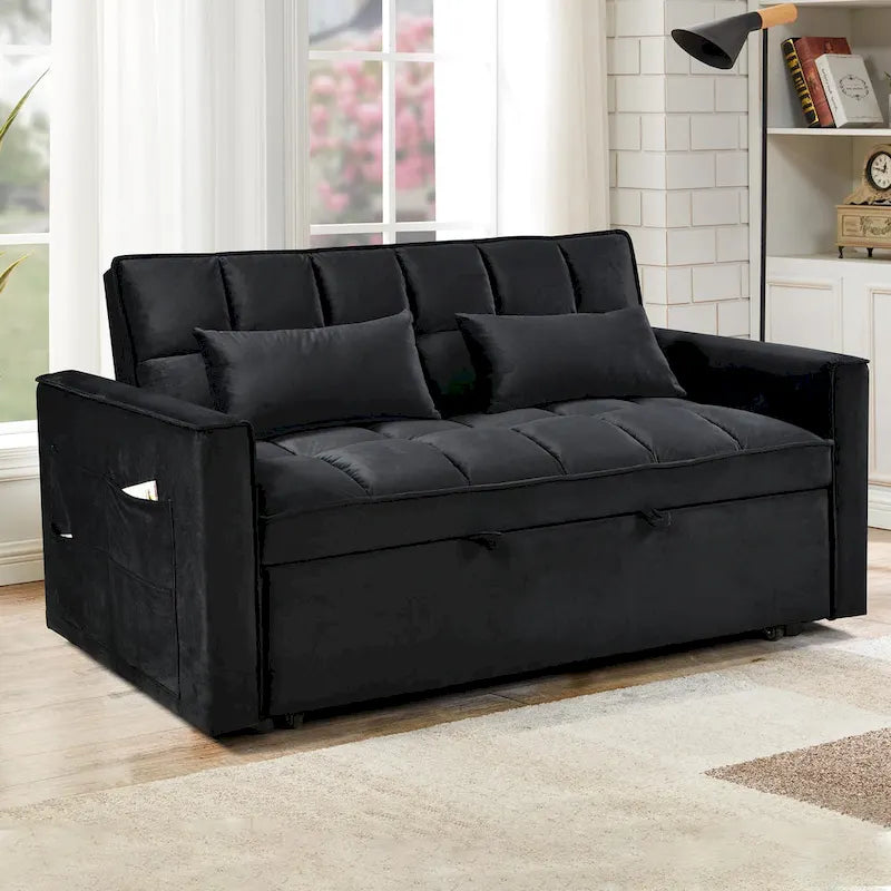 Divanetto Futon Moderno in Velluto con Schienale Reclinabile e Tasche, 2 Posti - Grigio Scuro / Grigio Chiaro / Blu / Nero