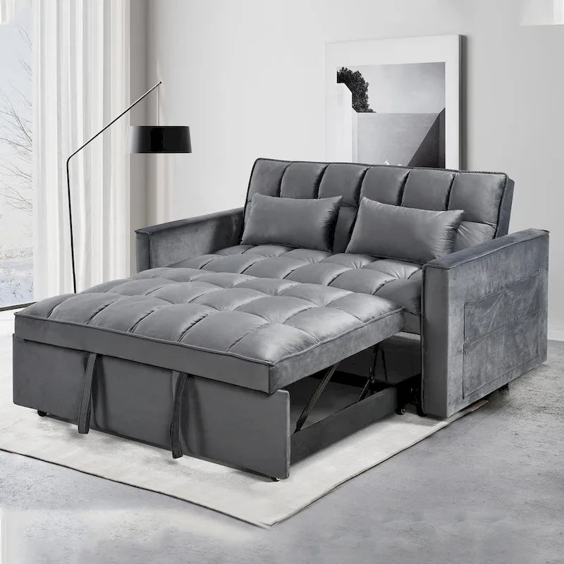 Divanetto Futon Moderno in Velluto con Schienale Reclinabile e Tasche, 2 Posti - Grigio Scuro / Grigio Chiaro / Blu / Nero