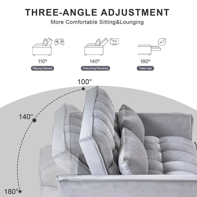 Divanetto Futon Moderno in Velluto con Schienale Reclinabile e Tasche, 2 Posti - Grigio Scuro / Grigio Chiaro / Blu / Nero