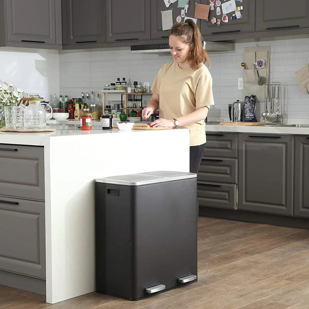 SONGMICS Pattumiera Doppia, 60L (2 x 30L) Cestino per la Raccolta Differenziata in Acciaio Inossidabile, Nero