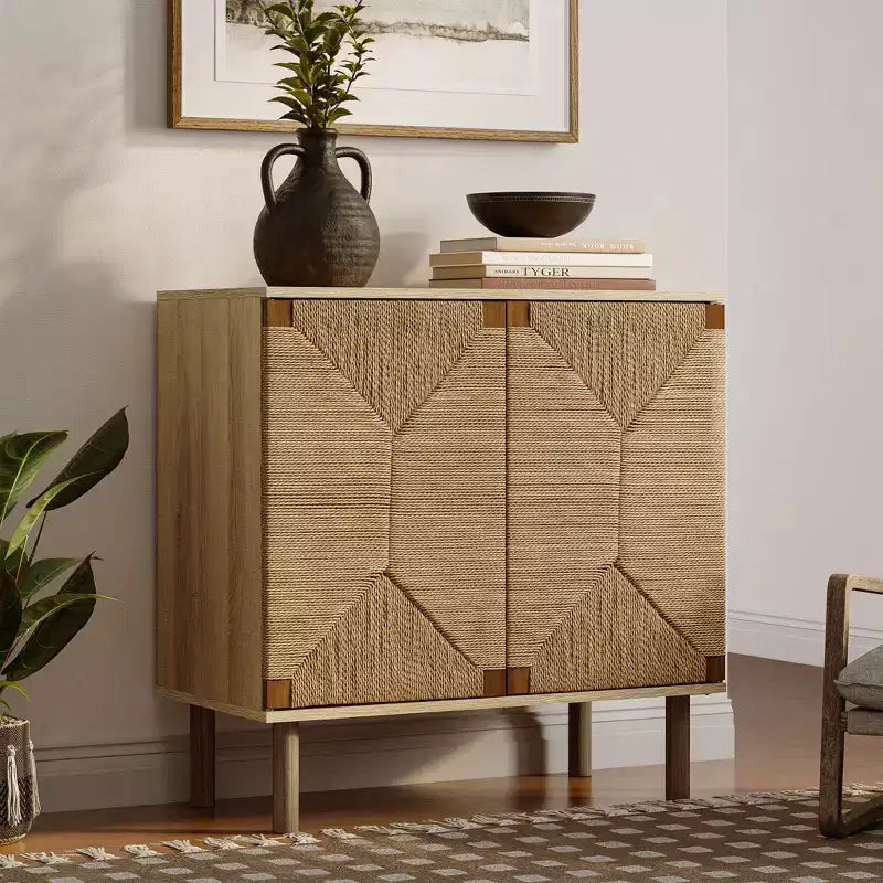 Mid-Century Modern Rope 2-Door Cabinet – Natural Wood, Hydraulic Doors & Wood Legs