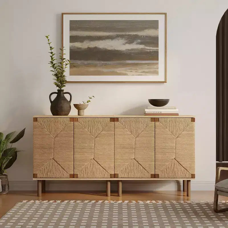 Mid-Century Modern Rope 2-Door Cabinet – Natural Wood, Hydraulic Doors & Wood Legs