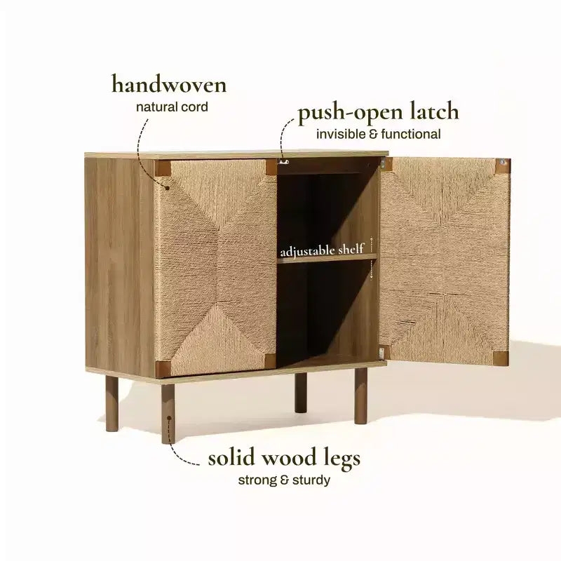 Mid-Century Modern Rope 2-Door Cabinet – Natural Wood, Hydraulic Doors & Wood Legs