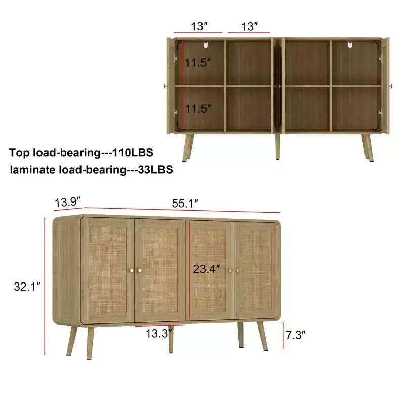 Boho Storage Cabinet with Rattan Woven Doors & Gold Handles – 4 Doors, Multi-Room