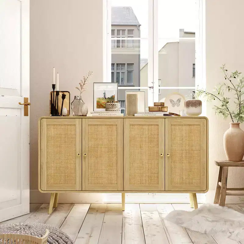 Boho Storage Cabinet with Rattan Woven Doors & Gold Handles – 4 Doors, Multi-Room