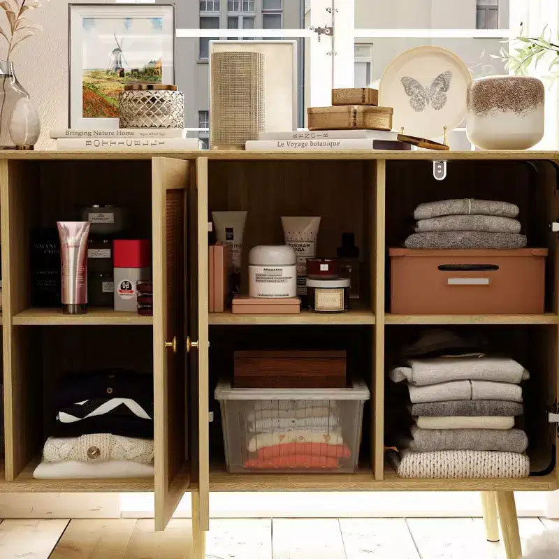 Boho Storage Cabinet with Rattan Woven Doors & Gold Handles – 4 Doors, Multi-Room