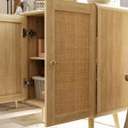 Boho Storage Cabinet with Rattan Woven Doors & Gold Handles – 4 Doors, Multi-Room