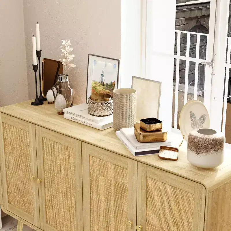 Boho Storage Cabinet with Rattan Woven Doors & Gold Handles – 4 Doors, Multi-Room