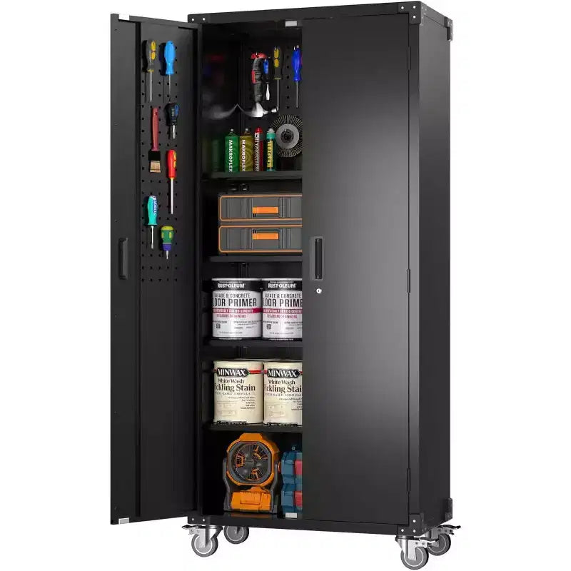 72" Tall Garage Storage Cabinet with Pegboard, Lock & Wheels – Heavy-Duty Steel