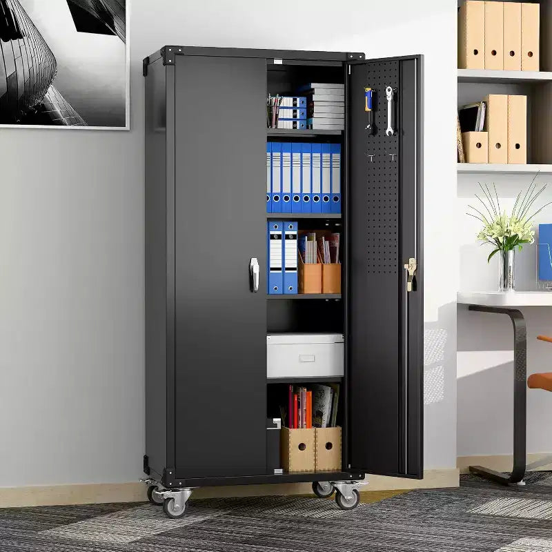 72" Tall Garage Storage Cabinet with Pegboard, Lock & Wheels – Heavy-Duty Steel