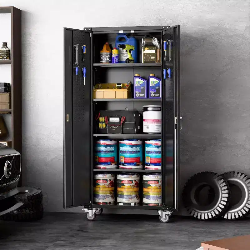 72" Tall Garage Storage Cabinet with Pegboard, Lock & Wheels – Heavy-Duty Steel