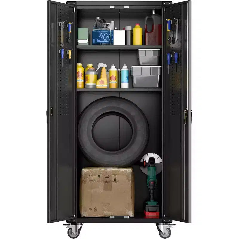 72" Tall Garage Storage Cabinet with Pegboard, Lock & Wheels – Heavy-Duty Steel