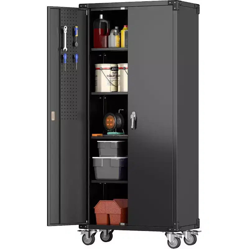 72" Tall Garage Storage Cabinet with Pegboard, Lock & Wheels – Heavy-Duty Steel