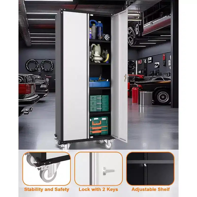 72" Tall Garage Storage Cabinet with Pegboard, Lock & Wheels – Heavy-Duty Steel
