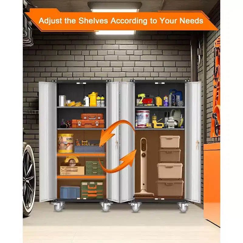 72" Tall Garage Storage Cabinet with Pegboard, Lock & Wheels – Heavy-Duty Steel