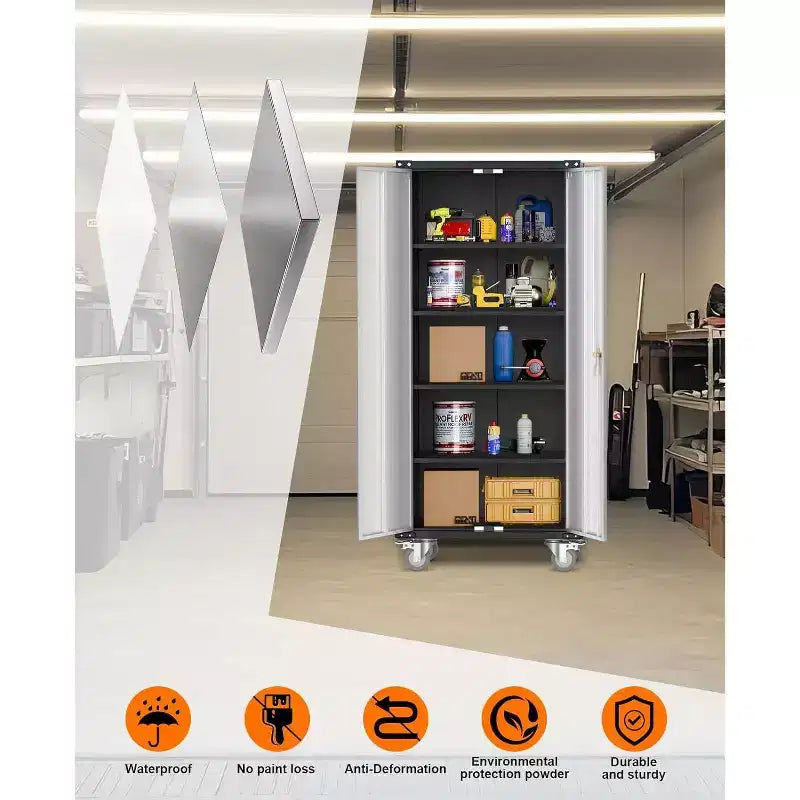 72" Tall Garage Storage Cabinet with Pegboard, Lock & Wheels – Heavy-Duty Steel