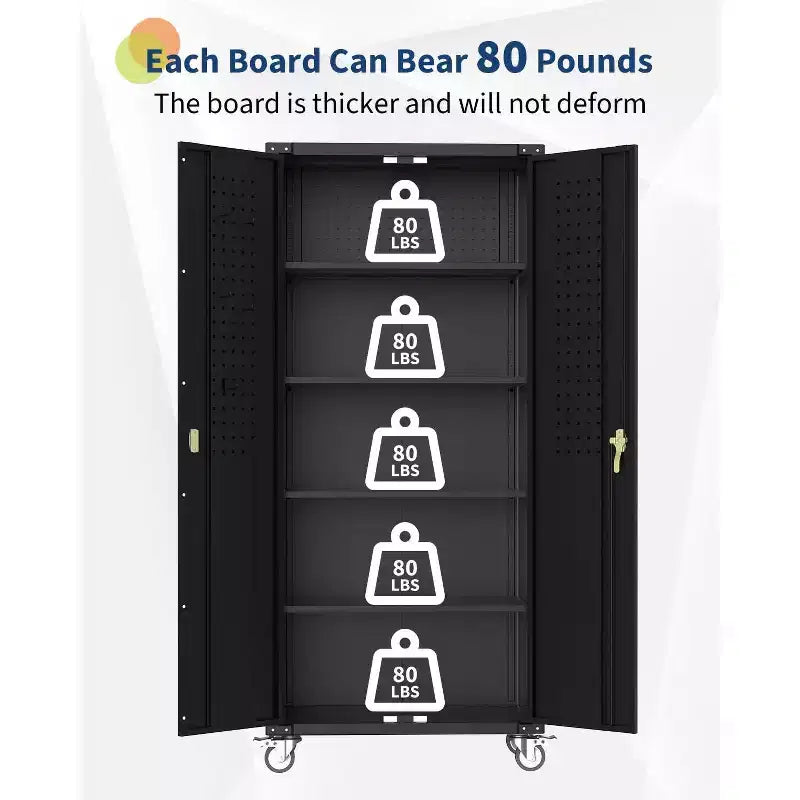 72" Tall Garage Storage Cabinet with Pegboard, Lock & Wheels – Heavy-Duty Steel