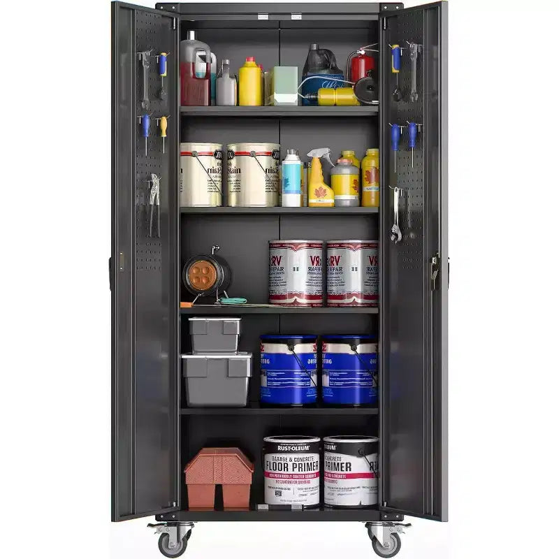 72" Tall Garage Storage Cabinet with Pegboard, Lock & Wheels – Heavy-Duty Steel