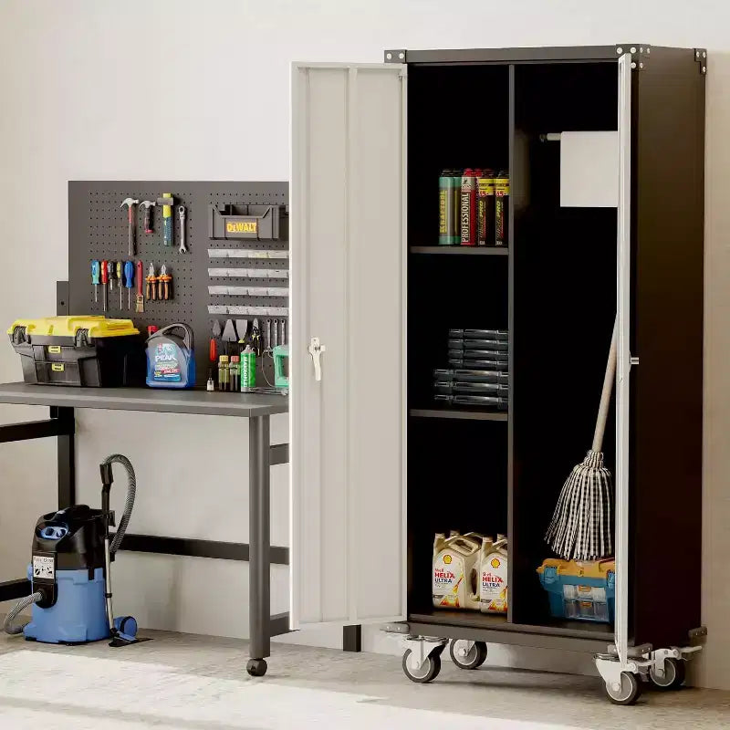 72" Tall Garage Storage Cabinet with Pegboard, Lock & Wheels – Heavy-Duty Steel