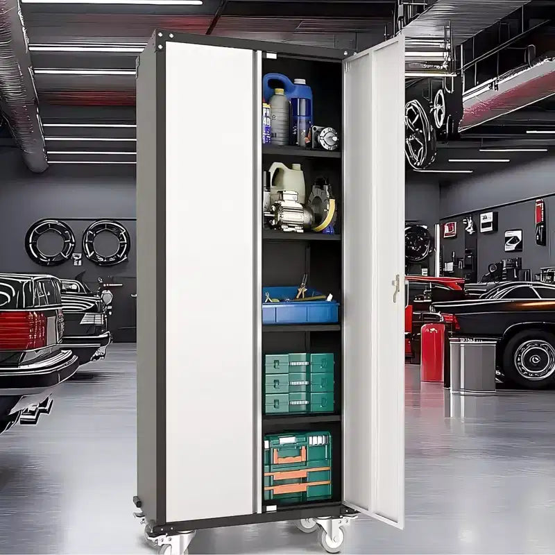72" Tall Garage Storage Cabinet with Pegboard, Lock & Wheels – Heavy-Duty Steel