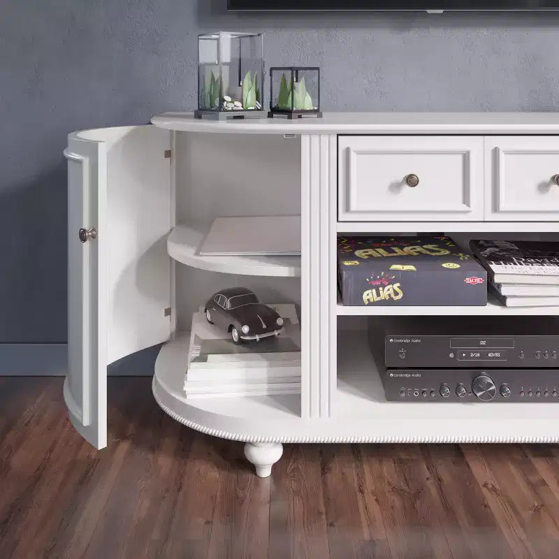 48" White TV Console with Cabinet Doors & Open Media Shelves – Traditional Style