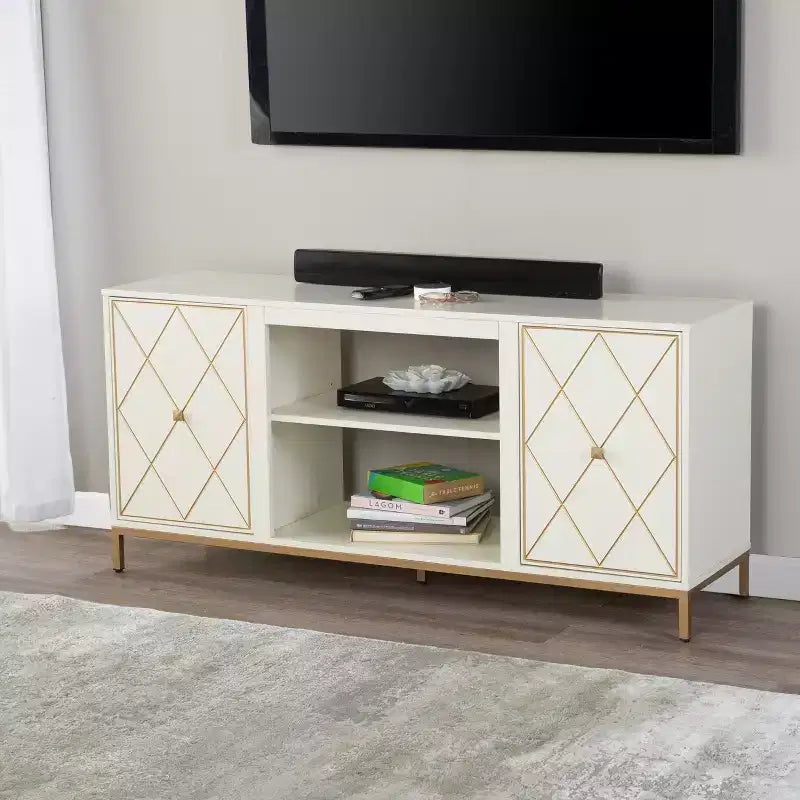 58" Modern Farmhouse Media Console – Off-White, Rattan Accents & 2 Drawers