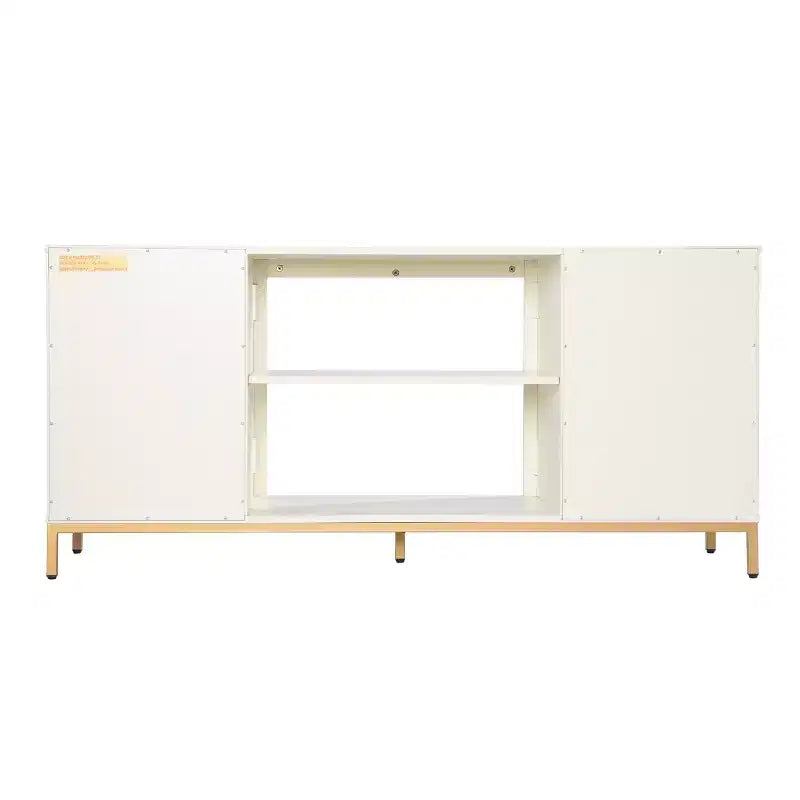 58" Modern Farmhouse Media Console – Off-White, Rattan Accents & 2 Drawers