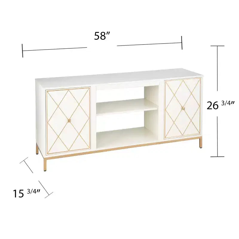 58" Modern Farmhouse Media Console – Off-White, Rattan Accents & 2 Drawers