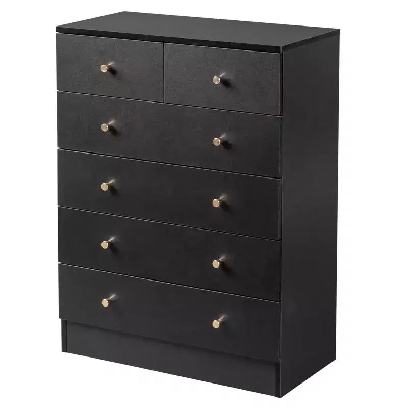 6-Drawer Vertical Dresser – Black Particle Board, Gold Handles, Wall Mount