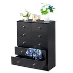 6-Drawer Vertical Dresser – Black Particle Board, Gold Handles, Wall Mount
