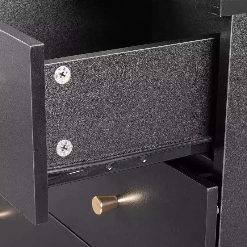 6-Drawer Vertical Dresser – Black Particle Board, Gold Handles, Wall Mount