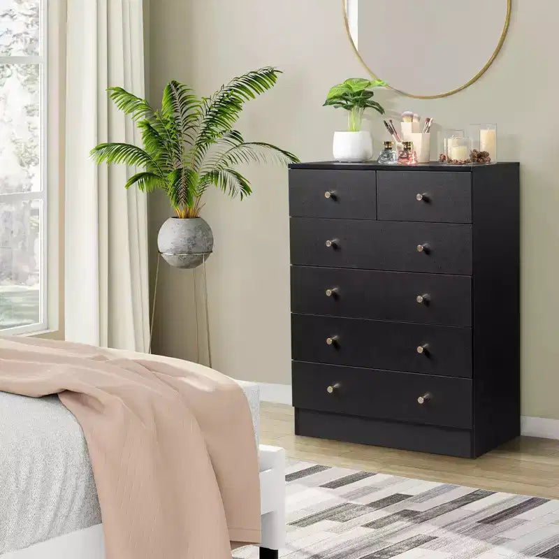 6-Drawer Vertical Dresser – Black Particle Board, Gold Handles, Wall Mount