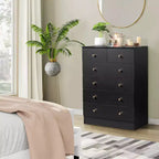 6-Drawer Vertical Dresser – Black Particle Board, Gold Handles, Wall Mount