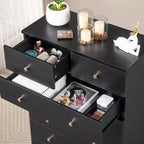6-Drawer Vertical Dresser – Black Particle Board, Gold Handles, Wall Mount