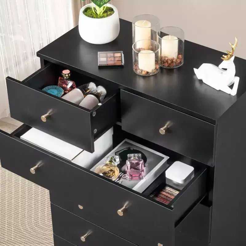 6-Drawer Vertical Dresser – Black Particle Board, Gold Handles, Wall Mount