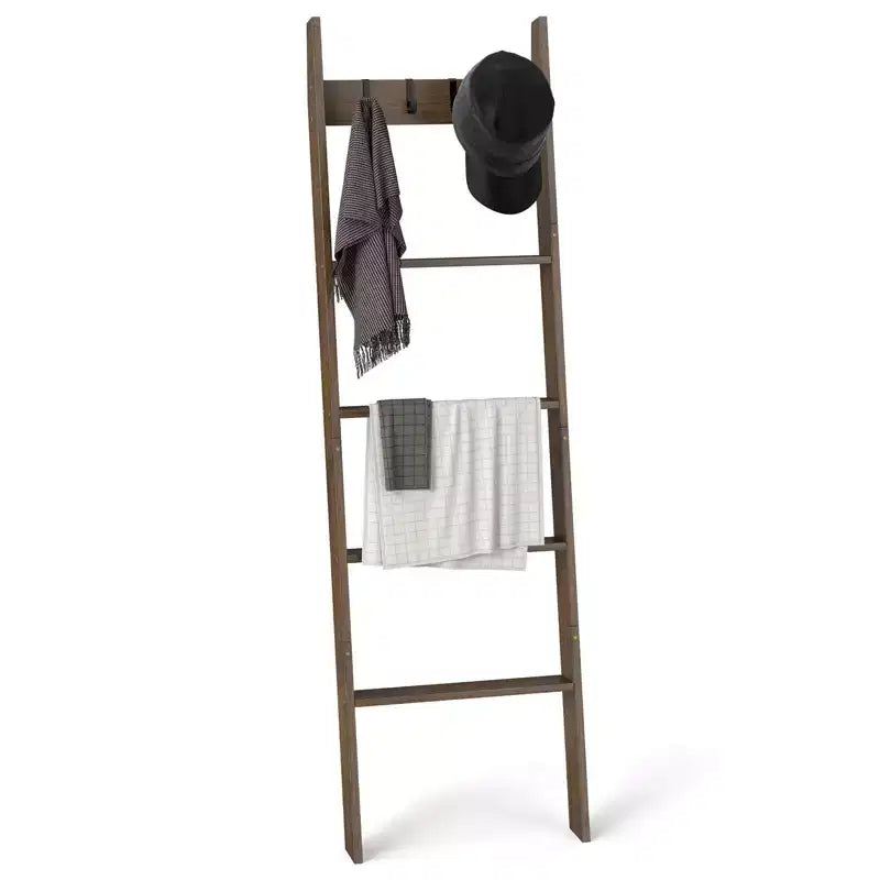 5-Tier Bamboo Blanket Ladder with 4 Removable Hooks – Farmhouse Style
