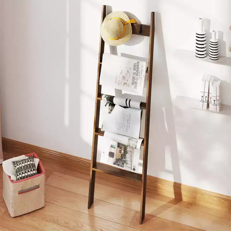 5-Tier Bamboo Blanket Ladder with 4 Removable Hooks – Farmhouse Style