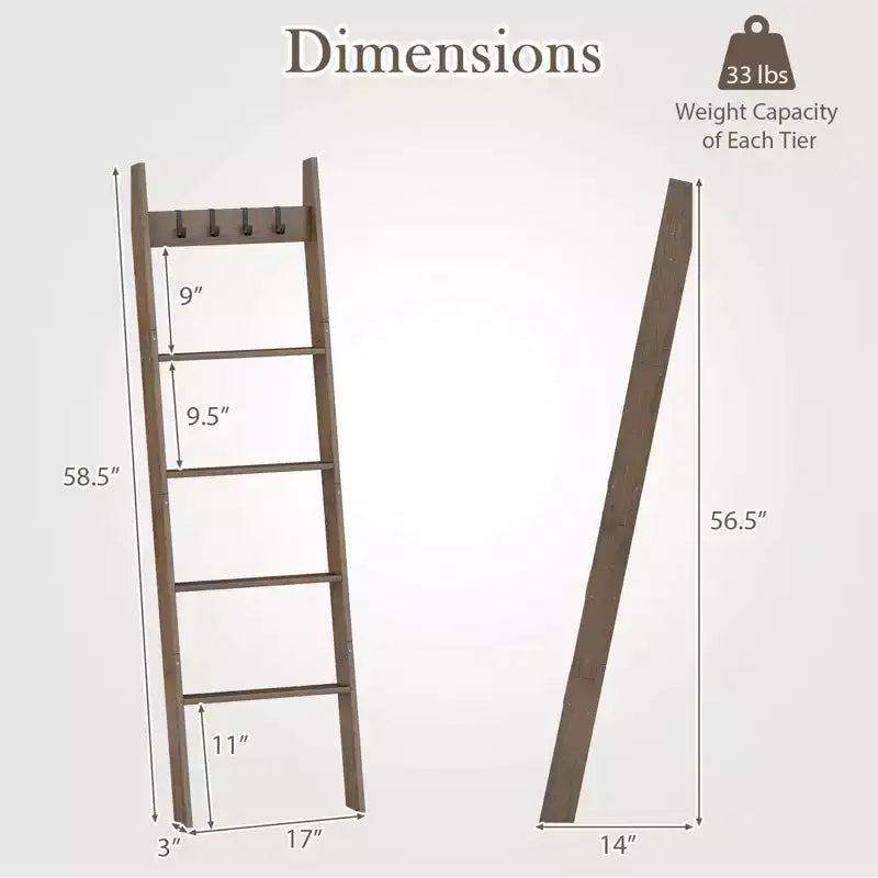5-Tier Bamboo Blanket Ladder with 4 Removable Hooks – Farmhouse Style
