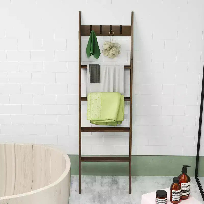 5-Tier Bamboo Blanket Ladder with 4 Removable Hooks – Farmhouse Style