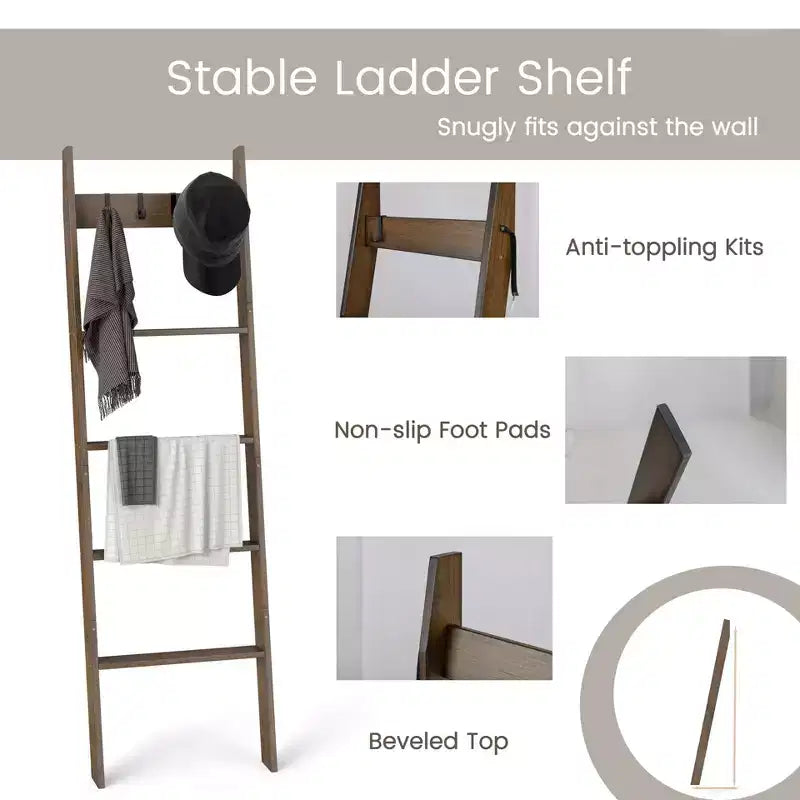 5-Tier Bamboo Blanket Ladder with 4 Removable Hooks – Farmhouse Style