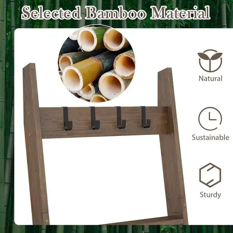 5-Tier Bamboo Blanket Ladder with 4 Removable Hooks – Farmhouse Style