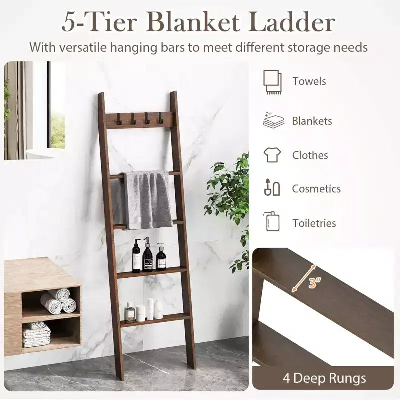 5-Tier Bamboo Blanket Ladder with 4 Removable Hooks – Farmhouse Style