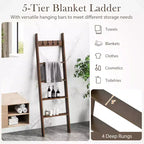5-Tier Bamboo Blanket Ladder with 4 Removable Hooks – Farmhouse Style