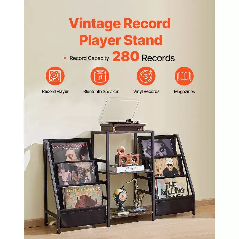 3-Tier Metal Vinyl Record Stand – Holds 280 Albums, Vintage Brown & Steel