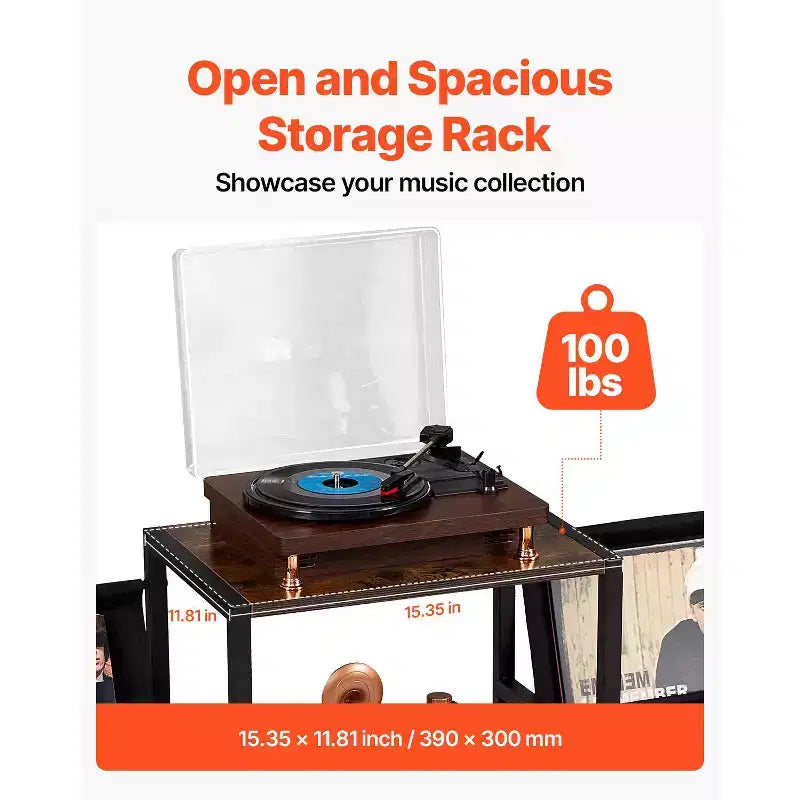 3-Tier Metal Vinyl Record Stand – Holds 280 Albums, Vintage Brown & Steel
