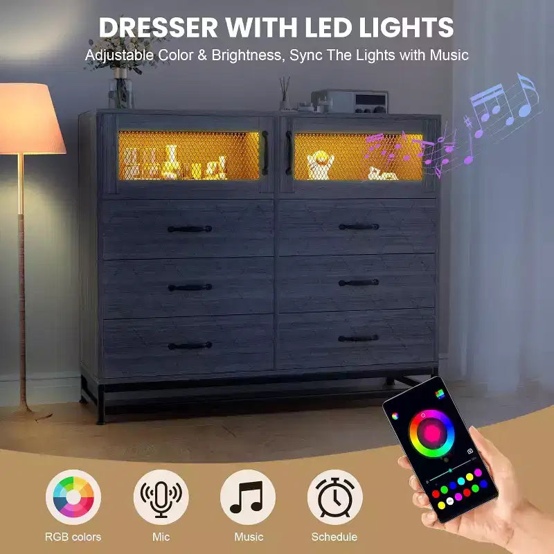6-Drawer Dresser with RGB Lights & USB Charging Station – 2-Door Storage Cabinet