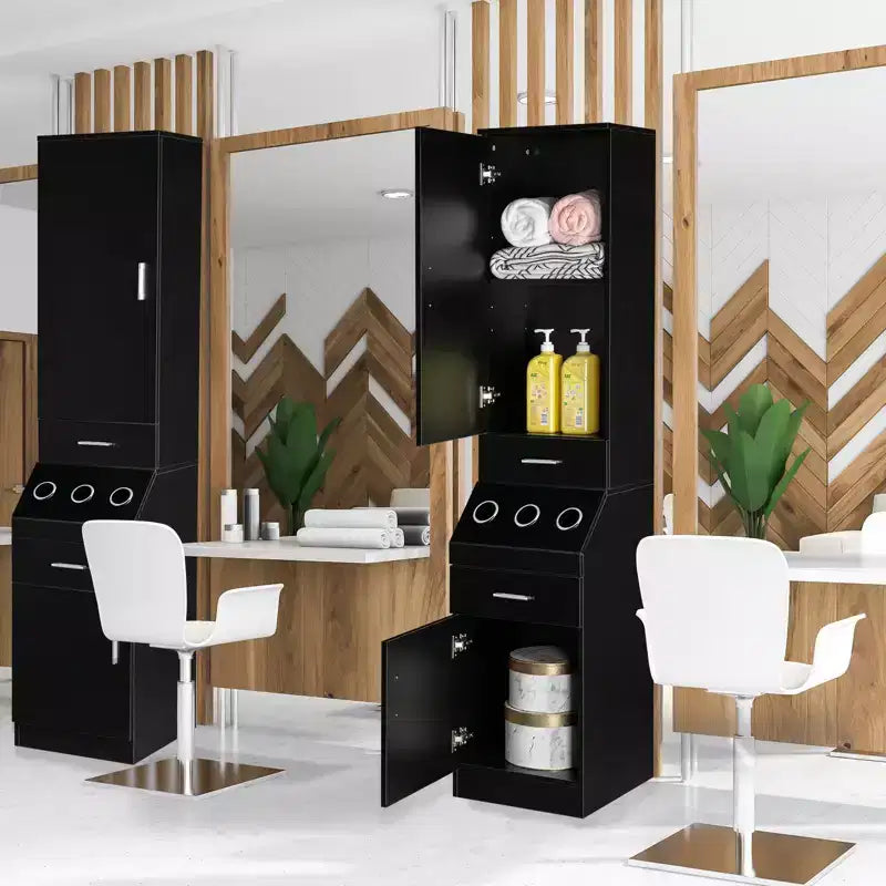 71" Tall Salon & Bathroom Storage Cabinet – 2 Drawers, 2-Tier Shelf & Tool Holders