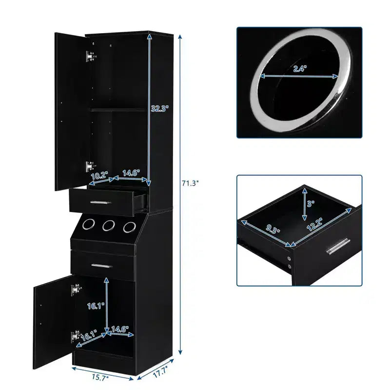 71" Tall Salon & Bathroom Storage Cabinet – 2 Drawers, 2-Tier Shelf & Tool Holders